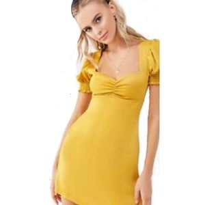 Forever 21 Mustard Yellow Satin Puff Sleeve Dress S